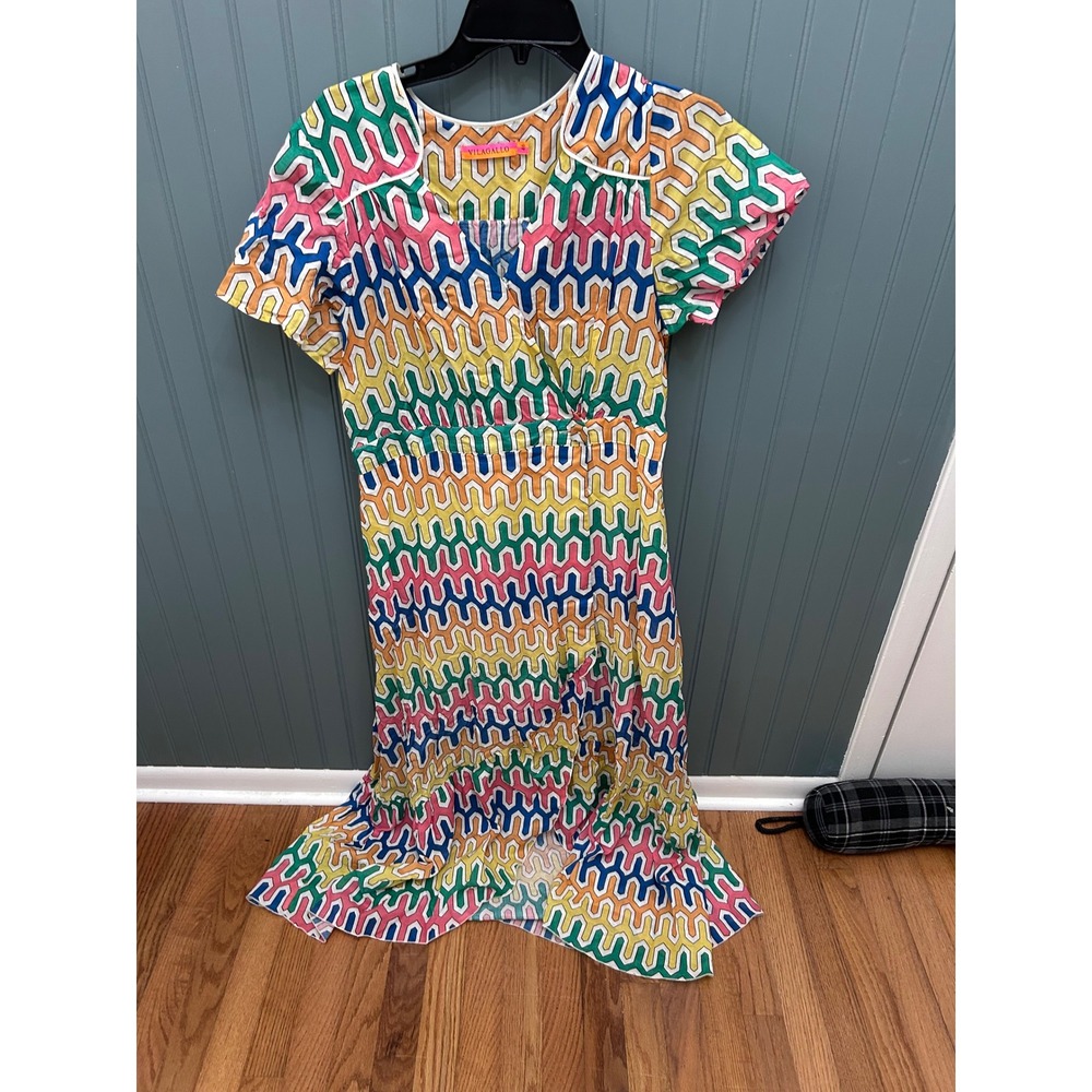 Vilagallo Womens Multicolor Geometric Chevron Ruffle High-Low Midi Dress Size 46